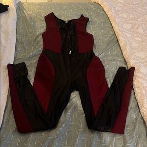 Women's Black & Burgundy Sleeveless Jumpsuit with Front Zip